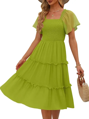 Vista 13 de LILLUSORY Vestido midi fruncido con cuello cuadrado y mangas con vuelo Negro
