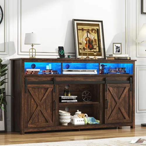 Vista 6 de Soporte de TV LED Estilo Casa de Campo para TVs de 65 pulgadas, Centro de Entretenimiento Rústico Soportes de Gabinete de TV con Tomas de Corriente