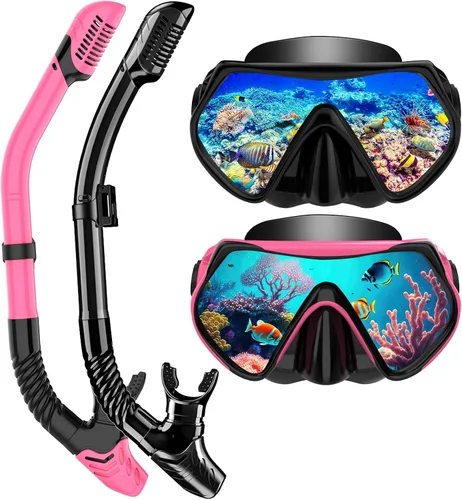 Vista 19 de Equipo de esnórquel para adultos, conjunto de esnórquel máscara de buceo con tubo seco superior, gafas de natación para adultos con cubierta nasal