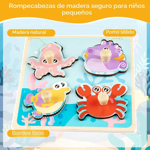 Vista 5 de Rompecabezas de madera para niños pequeños – 4 piezas de patrones de animales ecológicos con asas – Aprendizaje de habilidades motoras finas