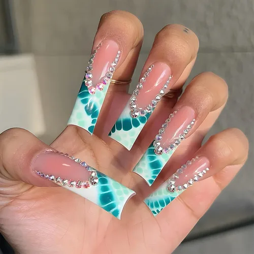 Vista 17 de IMSOHOT Uñas postizas, acrílicas de color naranja mate, puntas francesas cuadradas, 24 unidades, uñas extra largas con pegamento con bonitos diseños