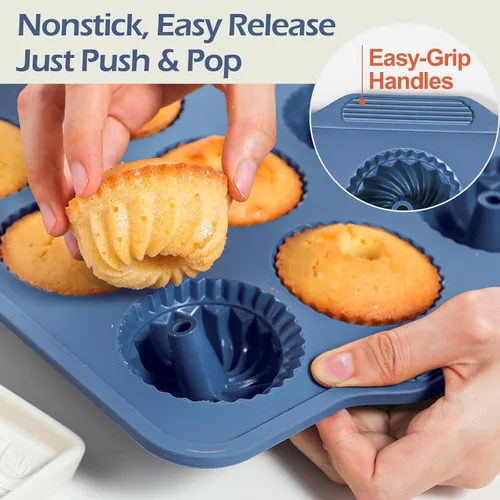 Vista 3 de Webake 2.75" Silicone Mini Fluted Tube Cake Pan with Steel-Reinforced Frame, 12-Cavity Nonstick Bite Size Mini Flan Molds for Baking, 1 Pack Blue