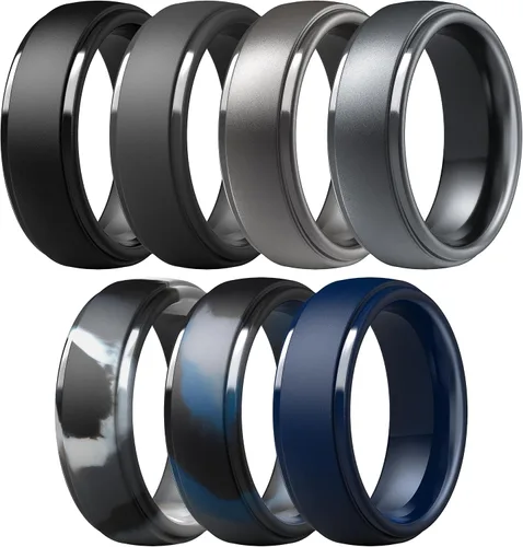 Vista 10 de ThunderFit Anillos de silicona para hombres, bandas de boda de goma con Pack A: Negro carbón