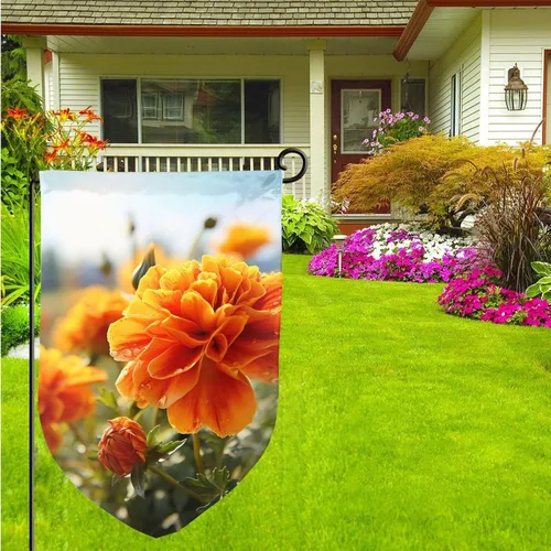 Vista 3 de Banderas de jardín para exteriores, flores de caléndula, flores de otoño, bandera de jardín de 12 x 18 pulgadas, bandera de bienvenida de temporada