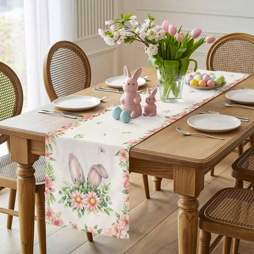 Vista 6 de Camino de mesa de Pascua de 36 pulgadas con orejas de conejo para decoración de mesa de cocina y comedor con flores de primavera