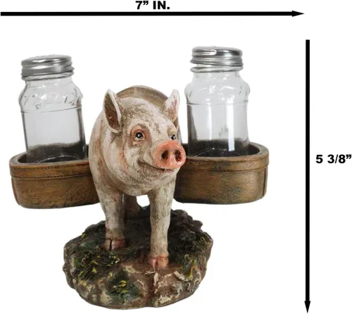 Vista 8 de Ebros Gift Animal Farm Barn Cerdo Porky con alforjas Sal Pimienta Titular Estatuilla Cerdo Cerdo Caprichoso Cerdo Tocino Piglet Estatua Organizador
