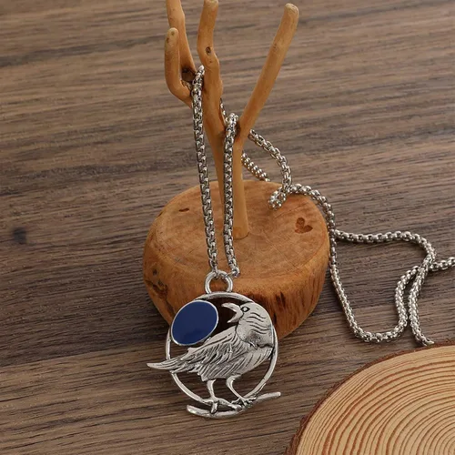 Vista 5 de Zeshimb Collar de pájaro con piedras preciosas de plata, cadena de cuervo, collar con colgante de cuervo de cristal azul, collar de clavícula