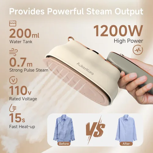 Vista 3 de Vaporizador para ropa, vaporizador y plancha 2 en 1, vaporizador portátil de mano para viajes, 1200W, se calienta en 15s para tamaño de viaje