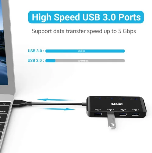 Vista 2 de Hub USB 3.0 de 4 puertos con interruptores individuales, expansor de datos ultradelgado de alta velocidad, divisor USB de 5 Gbps para laptop, PC