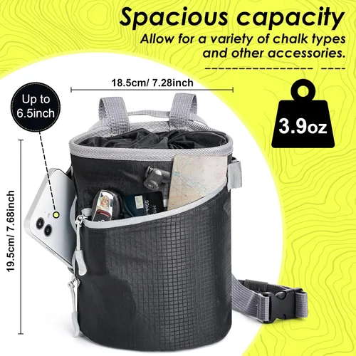 Vista 4 de Bolsa de tiza para escalada en roca, bolsa de bouldering, 2 cremalleras impermeables para gimnasia, ajuste cruzado y levantamiento (grande)