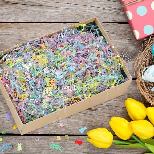 Vista 6 de CIPOWM Pasto de Pascua de Rafia Papel Triturado de Corte Rizado, Relleno de Papel Triturado de Rafia Multicolor Iridescente con Hierba Triturada