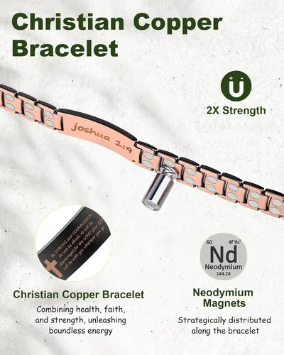 Vista 3 de MagEnergy Pulsera de cobre para hombre, pulsera magnética cristiana con imanes ultra fuertes, diseño de cruz bíblica ajustable, regalo de joyería