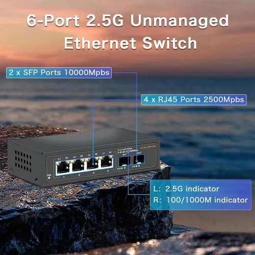 Vista 2 de Interruptor Ethernet no administrado de 2.5G con 4 puertos Base-T de 2.5G y 2 puertos de enlace ascendente SFP+ de 10G, compatible