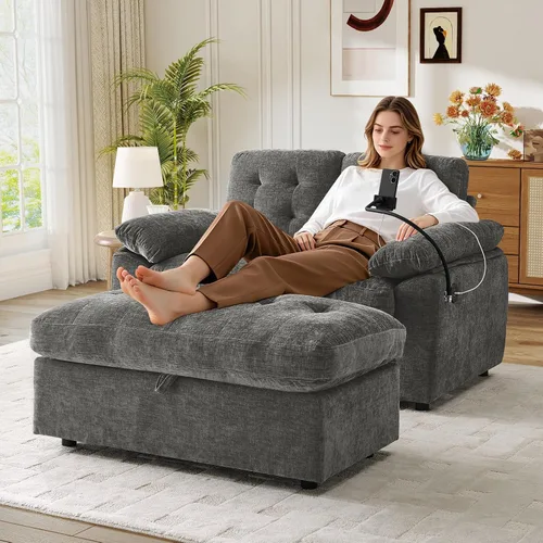 Vista 21 de Chaise Lounge Chair para interiores con puerto USB y soporte para teléfono, sillón reclinable pequeño de felpilla con otomana de almacenamiento