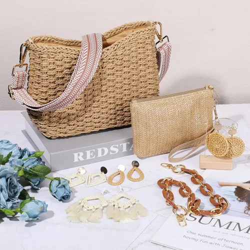 Vista 6 de Sweetude Bolso de mano de paja para mujer, juego de aretes de ratán, bolsa de paja de verano, playa, bolso bohemio, cartera tejida para vacaciones