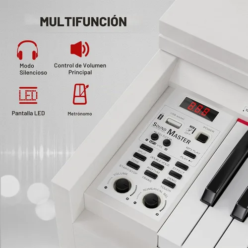 Vista 5 de UMOMO Piano digital de acción de martillo con peso de 88 teclas con banco de piano, soporte de madera vertical de 3 pedales, teclado de piano