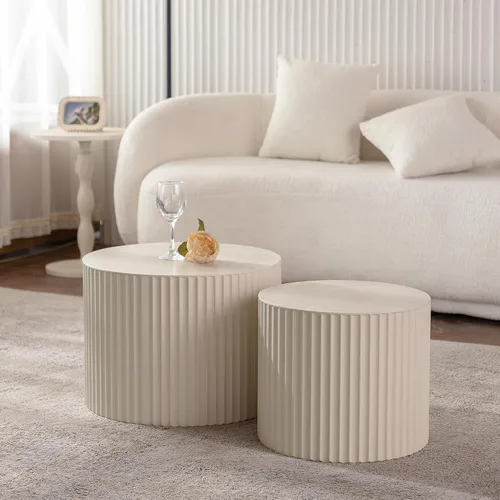 Vista 3 de WILLIAMSPACE Juego de 2 mesas auxiliares redondas color beige con rayas onduladas, modernas mesas circulares de madera con tambor, mesa central