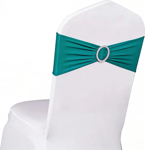Vista 25 de Paquete de 50 bandas negras de elastano para sillas de boda, lazos con hebillas para fiestas, cumpleaños, fiestas, banquetes de jubilación