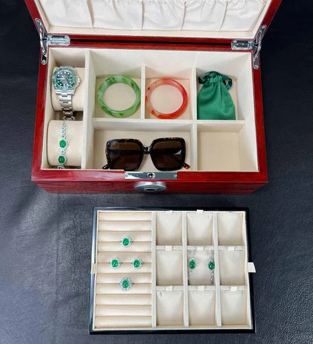 Vista 6 de Joyero de madera con cerradura de huellas dactilares, caja de almacenamiento y organizador para mujeres, con colgador de collar y espejo