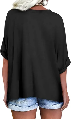 Vista 2 de UNCLECAT Camisetas de gran tamaño con cuello en V para mujer, camisas de manga corta de verano, holgadas, casuales