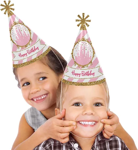 Vista 2 de Big Dot of Happiness Corona de princesita – Cono rosa y dorado princesa feliz cumpleaños sombreros para niños y adultos – Juego de 8