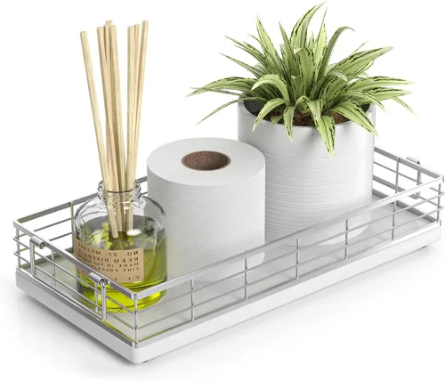 Vista 9 de Cesta de papel higiénico de acacia, bandeja de 13 pulgadas para almacenamiento de artículos de aseo en la parte superior del inodoro, organizador