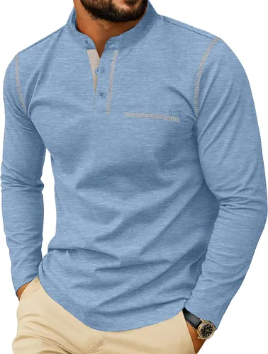 Vista 9 de Sailwind Camisetas Henley para hombre de manga larga con botones, estilo casual, elegante, de algodón, con bolsillo