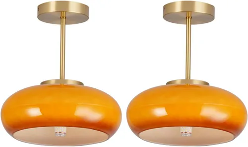 Vista 24 de Lámpara de techo empotrada de vidrio de leche, lámpara de techo moderna de mediados de siglo, lámpara de techo de cúpula de vidrio de latón dorado