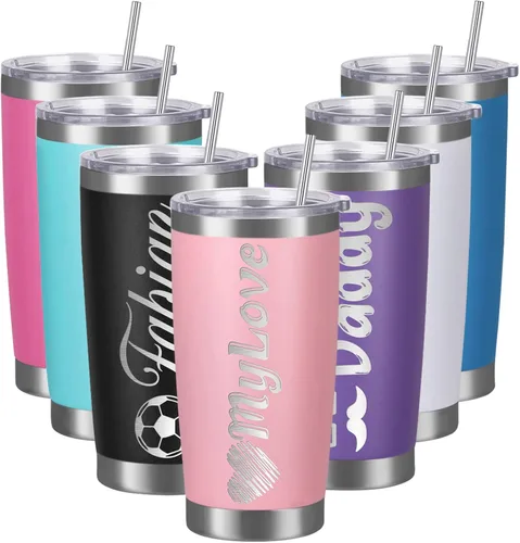 Vista 11 de Vasos personalizados con tapas y pajitas, vasos de acero inoxidable grabados con láser personalizados de 20 onzas con nombre y texto, taza de café