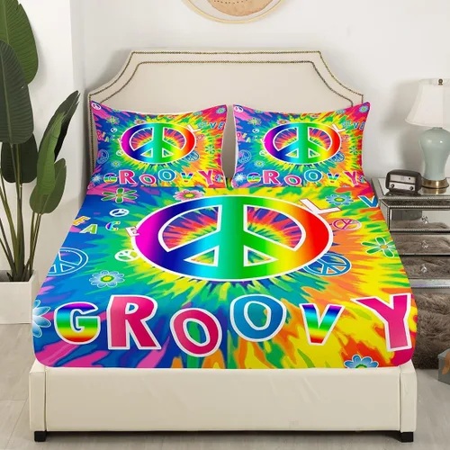 Vista 3 de Erosebridal Juego de sábanas de flores Groovy de los años 70, tamaño individual, teñido anudado, para hombre y niña, con signo de la paz, sábana