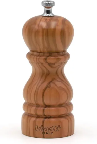 Vista 6 de Bisetti Imperia Molinillo de pimienta de madera de olivo de 4 pulgadas con molinillo de acero al carbono ajustable, fabricado en Italia Marrón