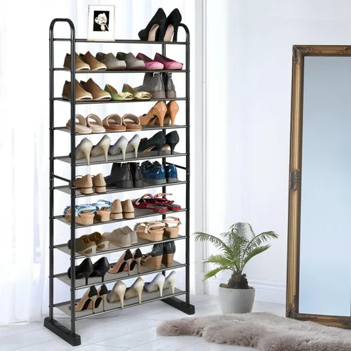 Vista 2 de Organizador de zapatos de 10 niveles, almacenamiento duradero para zapatos, estante grande para 30 pares, torre de zapatos con marco de metal