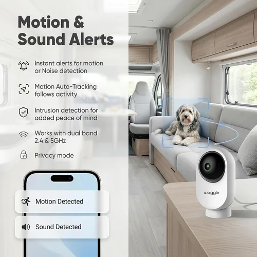 Vista 10 de Waggle Mini cámara RV – Cámara de seguridad inalámbrica HD de 1080p para caravanas – Tarjeta SD integrada (128 GB), audio bidireccional, visión