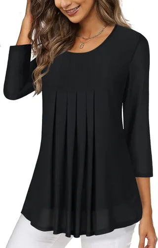 Vista 3 de Hount Blusa casual de manga 34 para mujer, blusa plisada suelta, camisa de malla de doble capa