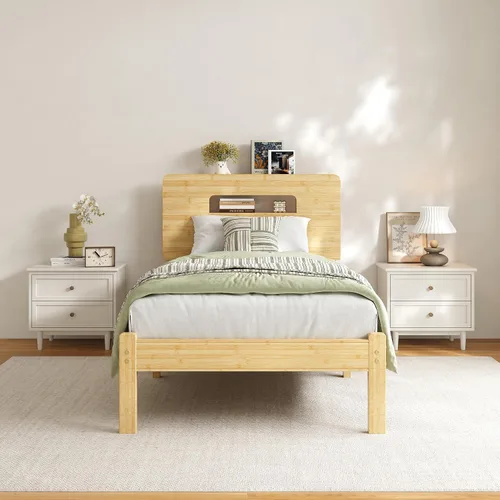 Vista 13 de ZIYOO Marco de cama de madera de bambú maciza tamaño individual con cabecera de almacenamiento, marco de cama plataforma de 14 pulgadas