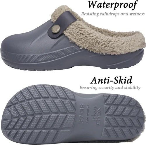 Vista 4 de ChayChax - Pantuflas impermeables para mujeres y hombres, con forro de piel, zapatos de jardín de invierno, pantuflas cálidas para interiores