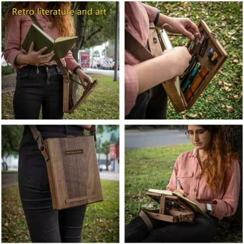 Vista 4 de Bolso mensajero de madera hecho a mano de cuero convertible, mochila mensajero de un hombro de 8.6 x 7 x 2.3 pulgadas, bolsa de mensajero unisex