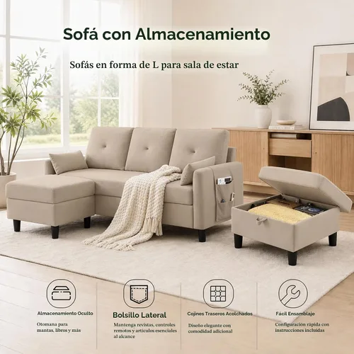 Vista 3 de Sofá modular convertible, pequeño en forma de L de 3 asientos con diván de almacenamiento reversible, sofá moderno de tela de poliéster para sala
