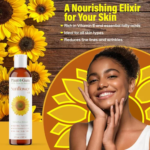 Vista 4 de Plant Guru Aceite de girasol 16 fl oz – prensado en frío, 100% puro y natural portador para piel, cara, cuerpo, cabello y cocina. Ideal para cremas