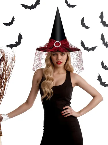 Vista 15 de Edoneery Sombrero de bruja de Halloween para mujer, encaje de malla, accesorio de disfraz de mago para fiestas de cosplay