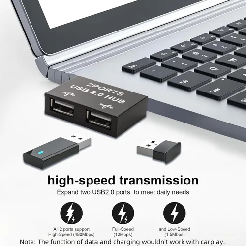 Vista 5 de Hub USB 2.0, adaptador divisor USB de 1 a 2 salidas, paquete de 2, expansor USB de 2 puertos, carga rápida y transferencia de datos de 480 Mbps
