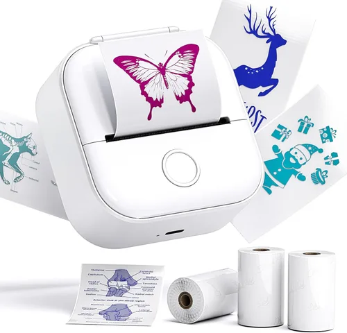 Vista 7 de Phomemo Impresora de calcomanías, cápsulas de impresión T02, mini impresora con 3 rollos de papel de color transparente, máquina de bolsillo térmica