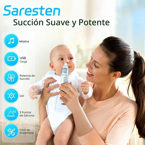 Vista 2 de Aspirador nasal para bebé, aspirador nasal recargable para bebé, aspirador nasal para bebé con 3 puntas de silicona, succión ajustable, aspirador