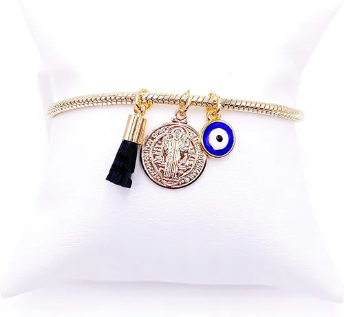 Vista 3 de LESLIE BOULES Pulsera de San Benito para mujer con dije de mal de ojo y piedra de azabache auténtica, Latón