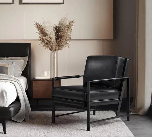 Vista 2 de Yaheetech Sillón de Cuero PU, Sillón de Acento de Ocio Retro con Acolchado y Cojín Extra Suave, Silla de Brazo de Lectura Moderna con Marco de Metal