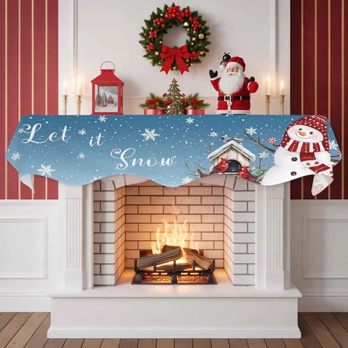 Vista 2 de Bufanda de chimenea de Navidad con diseño de muñeco de nieve de Navidad, copos de nieve, pájaros, chimenea, estante superior, bufanda, camino