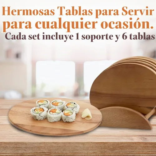 Vista 3 de Woodard & Charles 6 tablas de servir de madera de acacia con soporte, perfectas para servir, sushi, queso, aperitivos de obra, embutidos Marrón
