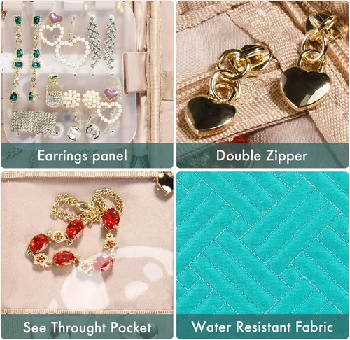 Vista 5 de SFYBYHEART Estuche organizador de joyas de viaje, bolsas de viaje para mujer, pequeño estuche de joyería de viaje para aretes sin enredos, collares