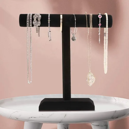 Vista 6 de Soporte de pulsera de terciopelo negro con barra en T de un nivel, organizador de collar para mujeres, niñas, hombres, organización del hogar