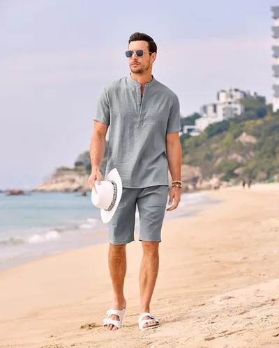 Vista 8 de COOFANDY Conjunto de 2 piezas de lino para hombre, camisas Henley casuales de manga corta, pantalones cortos de yoga para la playa, pantalones